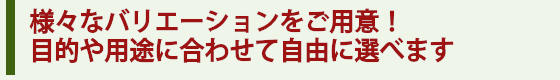 様々なバリエーションをご用意！用途や目的に合わせて自由に選べます
